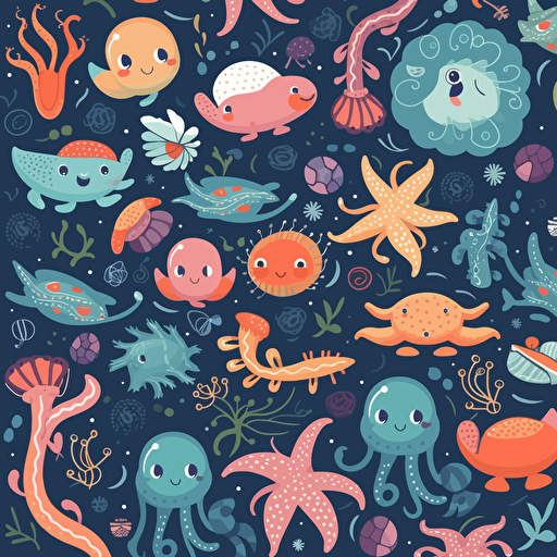 flat pattern in a cartoonish style, fun, playful, design should include octopus, sharks, fish, starfish, and stingrays, color scheme should be pastel and soft, whimsical and dreamy feel, vector, illustration