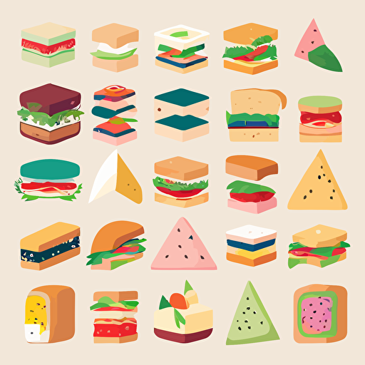 Vector art pack of tasty sandwiches, simple, modern, flat colors, flat, vector art pack, organized in a grid, clean white background.