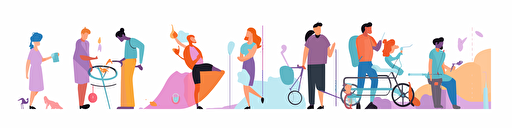 people drawing a roadmap on a long canvas, different kinds of skin and hair and gender, fun start-up, colorful vector illustration for slide presentation, flat color palette, true white background