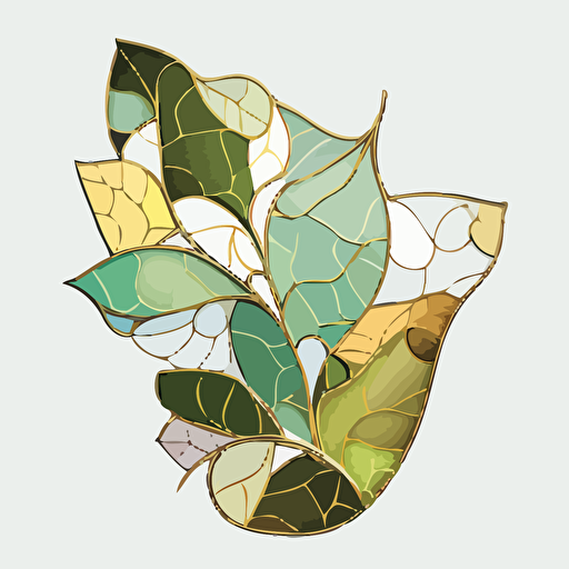 Stained glass ivy petal art on white background. Muted colors. Light green, gold, white. Minimalistic. Flat vector illustration.