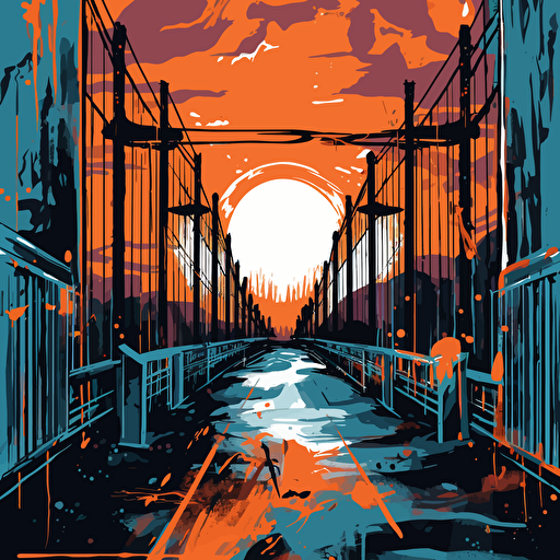 a vector image of a bridge leading to a prison in the distance, blue and orange and dark gray, graffiti style