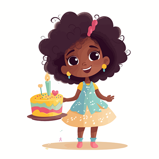 vector illustration of a Adorable african girl, natural hair, playing in a simple dress, silly, playful, holding a birthday cake, colorful