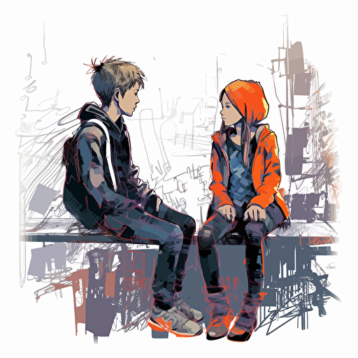 boy and girl talking,vector line drawin ar 16:9