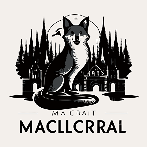 a creative logo for "McCarthy Choral", with a small fox, with a large cathedral, with a forest, black and white, flat vector