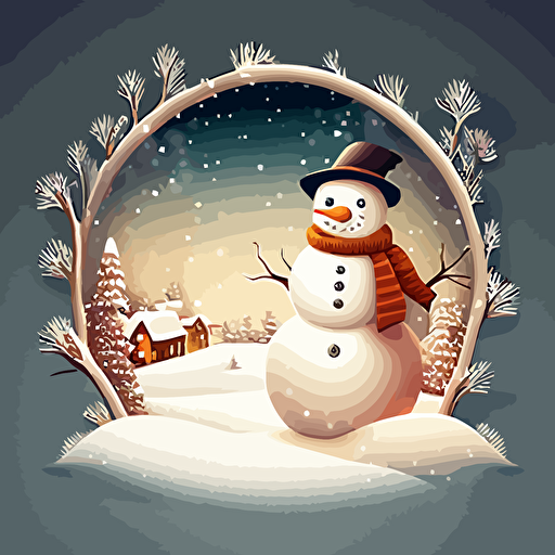 Christmas snowman on the background of a winter landscape, snowy view, christmas garland, vector illustration