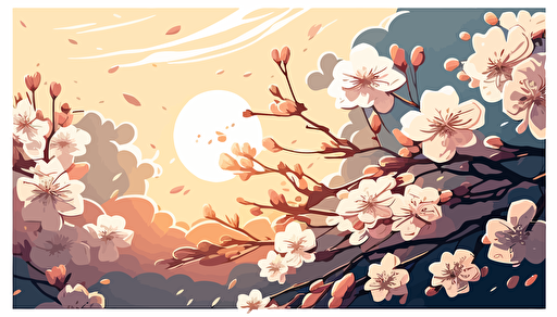 vector style cherry blossom under the setting sun, petals in air, beautiful clouds, pastel colors v 5