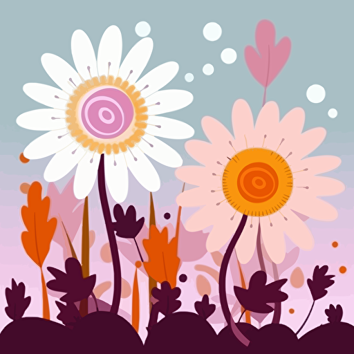 two flowers in a garden. One has big petals and one has small petals. Vector illustration