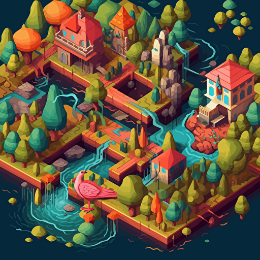 visualize interwoven data, isometric, vector shapes, nature theme, magical