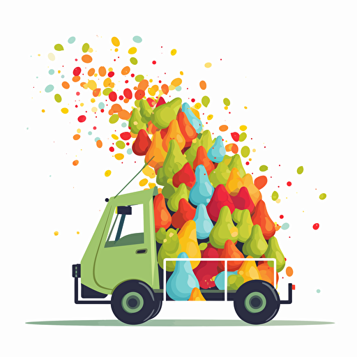 concrete mixer truck full of pears only, pears falling from inside, colorfull, vivid colors, white background, vector style