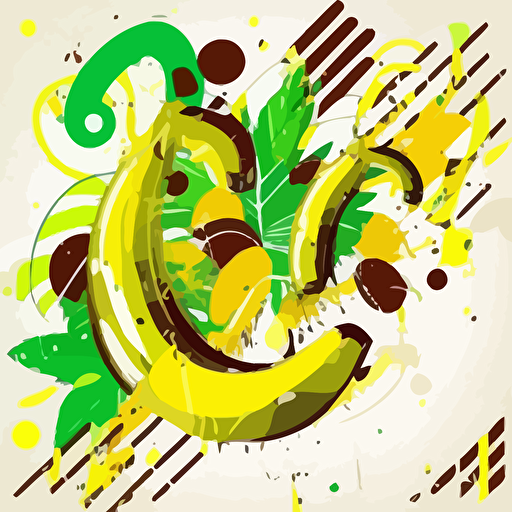 vector pop art, bananas, coconuts, musical notes, yellow and green colors, white background, fusion