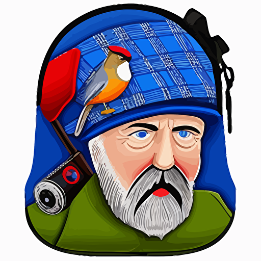 Scotty cameron putter cover of funny, angry old Scottish man face only with beard and golf hat, birds, playful, brightly coloured, vector, solid colour