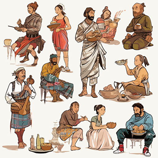 vector sheet of various ethnicities in traditional Scottish dress eating, talking or listening to music, manga style playful