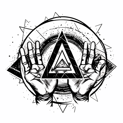 a black and white vector on a solid white background with strong contrast, triangle hands in the middle of geoetric boarder, simple, cosmic crop