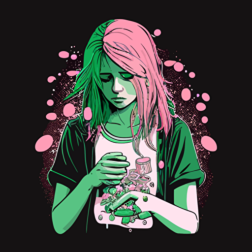 vector,pink,green,girl,holding pills in hands,depressed,sad,crying