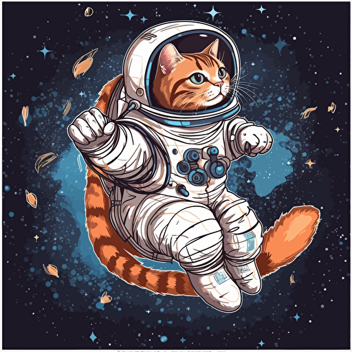 a cat in an astronaut suit in outer space riding a rocket. vector style. transparent background