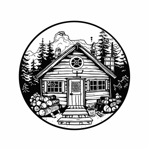 cabin for board game addicted people, logo:3, black white drawing, vector