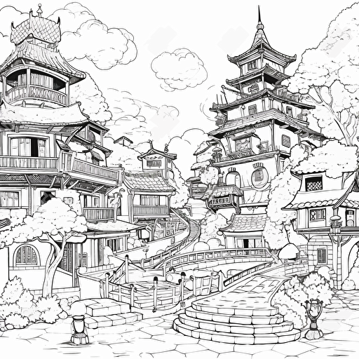 DND Fantasy. Japanese Style City. No Shadow. Cartoon. Coloring page. Vector. Simple.