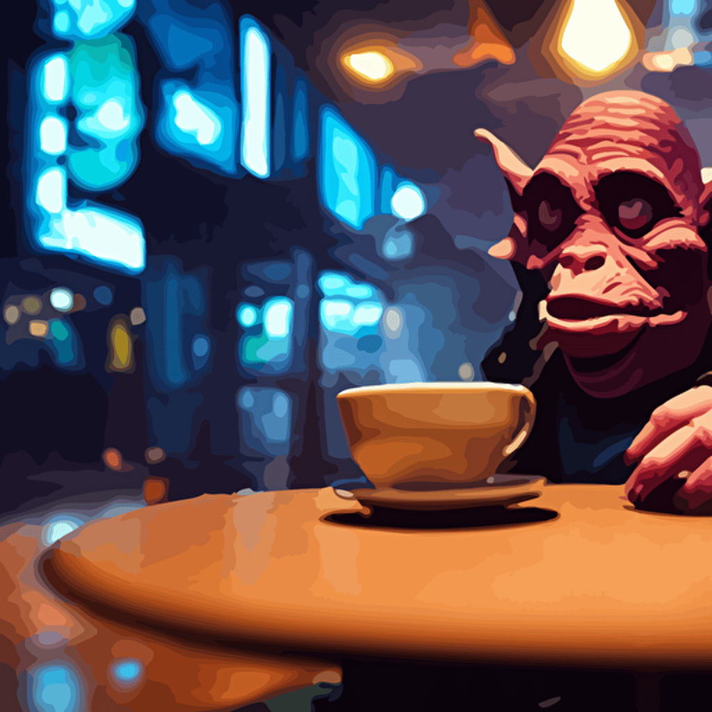 bored male goblin punk sitting table cafe cyberpunk city close shot sharp focus shallow depth field highly detailed face 8k unreal engine 5 cinematic lighting vivid elegant fantasy concept art character art cold blue neon atmosphere artstation deep complimentary colors volumetric lighting photorealistic hyperdetailed 3d matte painting hyperrealism hyperrealistic masterpiece