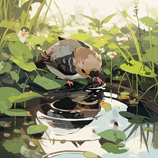 a sparrow drinking water in pond, vector illustration