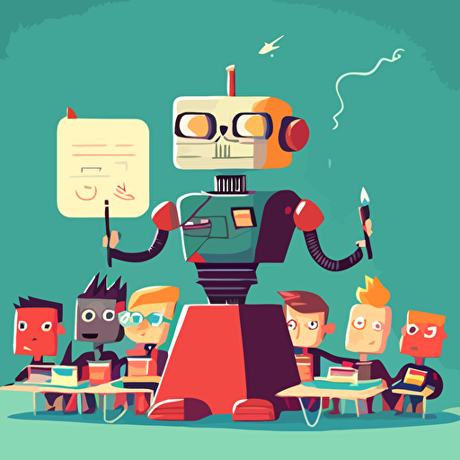 Robotic teacher front of table, vector style