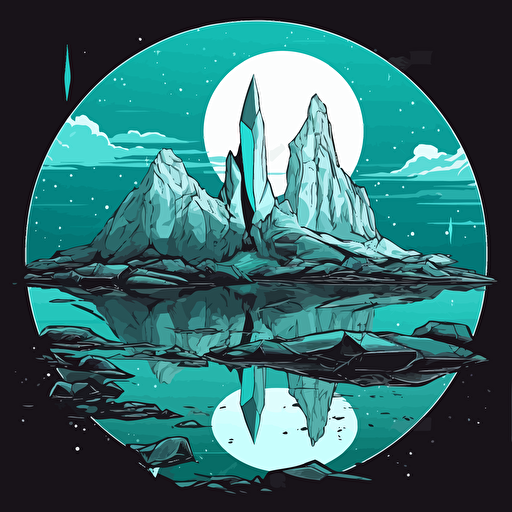 stylized turquoise-color illustration vector fantasy art clean / black and turquoise with white accents on a white background / showing a massive geode landscape with large, reflective faceted organic beautiful pointed crystals, holding a lake under the moon