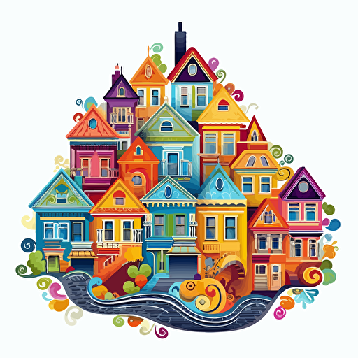 clean, colorful vector art, 16 colors, san francisco painted ladies, playful and simple, colorful swirls with white background