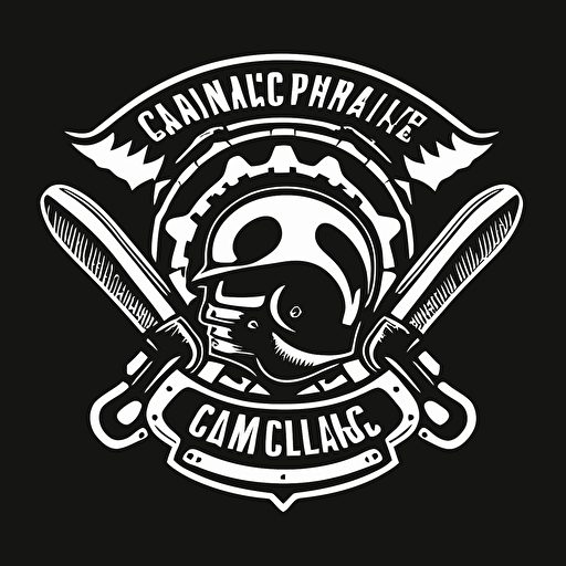 motorcycle club logo, spanners, motorcycle helmet, simple vector, black and white