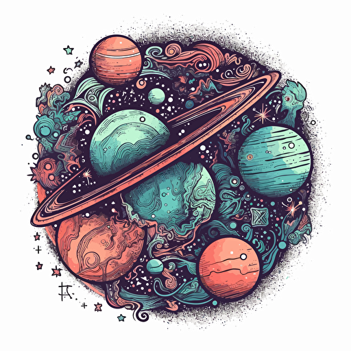 a beautiful astronomy design in detailed drawing style + simple vector + bright colors on a white background