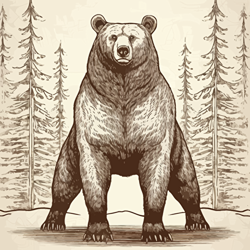 Grizzly bear with elk antlers, standing on two legs, Black and white illustration, simple vector : : woodcut style