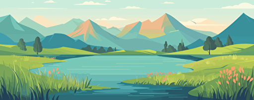 Cartoon flat panorama of spring summer beautiful nature, green grasslands meadow with flowers, forest, scenic blue lake, mountains on horizon background, mountain lake landscape vector illustration, limit colors, vector stylet, flat colors, minimal, svg style, no gradient