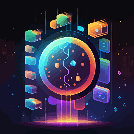"In the bustling center of a digital exchange, a resplendent digital hologram stands tall, adorned with unique patterns and colors, surrounded by a fluid aura protecting ownership and security, with digits and symbols interwoven into a rotating nebula, symbolizing the vibrancy of NFTs in the world of blockchain transactions. Flat illustration, UI illustration, GUI, Minimalism, dark background, vector, trending on Dribbble, Pinterest."