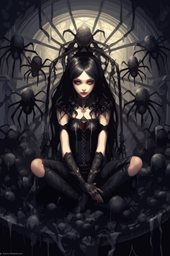 beautiful gothic girl with large eyes and volumptuous curvy body, sitting on floor surrounded by spiders,cutout,vector, intense colors