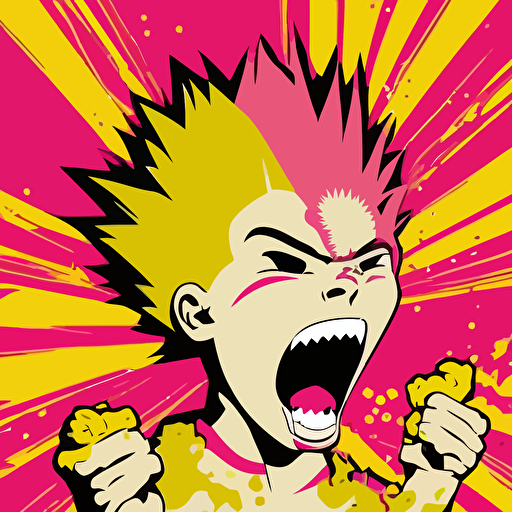 pink,yellow,vector,fantasy,face,young boy,punk mohawk,eating a nuclear blast