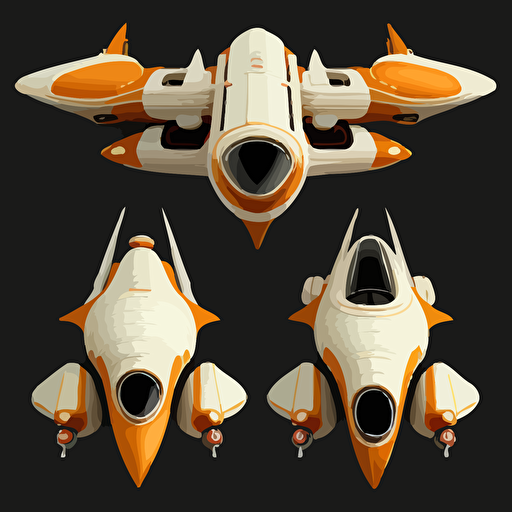 3 orange and white space ships on black background, top-down view, clean, simple, no shadows, vector