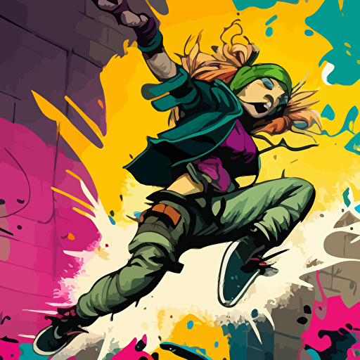 Leo from Ninja Turtles jumping in the air with graffiti on the wall behind her, vector art, deviantart contest winner, official art, apocalypse art