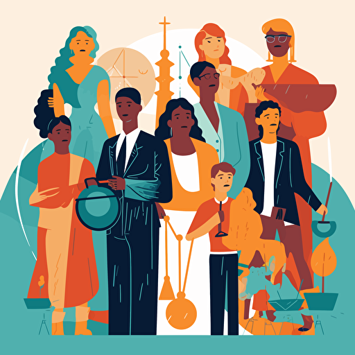 flat vector stylized illustration of children and youth of different ages and ethnicities being defended by lawyers, youth justice, hopeful, surrounded by symbols of the law and litigation,