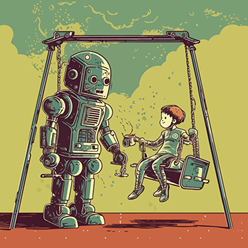 vector illustration, retro pop art, two children playing on a swing set with a robot on a playground