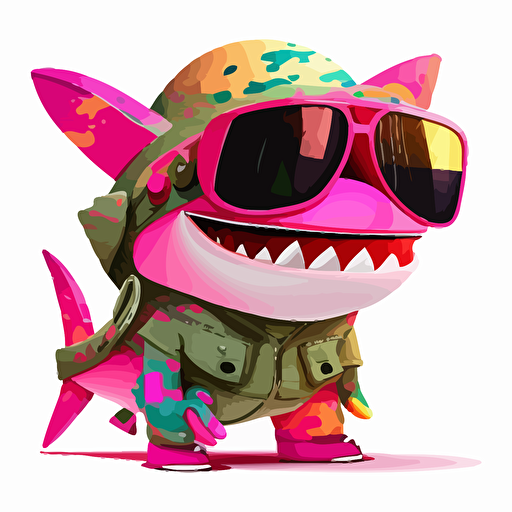 a very cute pink baby shark wearing very big sunglasses dressed up as a soldier, as a cartoon type, as a vector, white background, bright graffiti colors