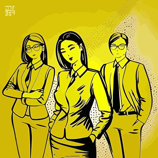 Vector illustration, black outline, office background is yellow tone on tone, medium shot, 3 people, office look, cheerful pose, today's employed Koreans, young people