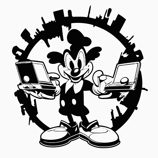 Looney tunes inspired black and white 40's cartoon inkblot, dj holding a cd music, High quality vector illustration, dark, white background, png