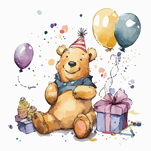 watercolor very happy cheerful Winnie the Pooh with gift packages. Set in a delightful birthday party scene, with decorations, balloons, and a festive atmosphere all around. whole body, Vector drawing on a white background