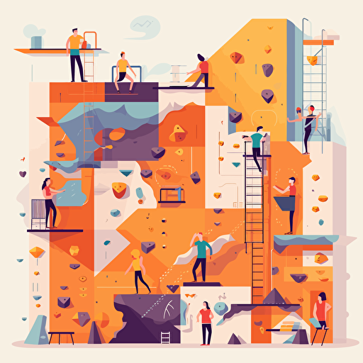 flat vector illustration of people indoor bouldering in the style of a circuit diagram