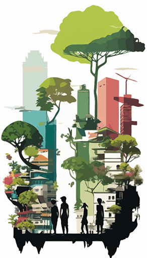 tokyo style rooftops with urban gardens floating like islands over the white clouds, complete sideview, shilouettes of people relaxing in the paradise like gardens, manga comic style, vector illustration, simple flat design, simple white background, isolated
