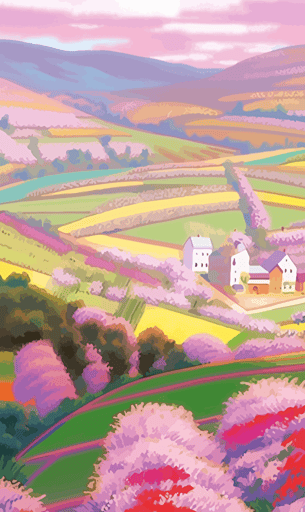 Vibrant vector of lilacs fields, in the style of Andrew Macara, klimt, paul keel, natural beauty