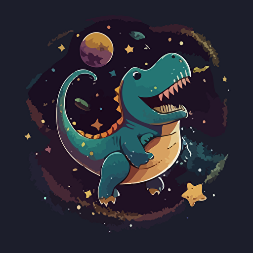 Dinosaur floating in space surrounded by stars and galaxies, cute happy smiling adorable, vector illustration style