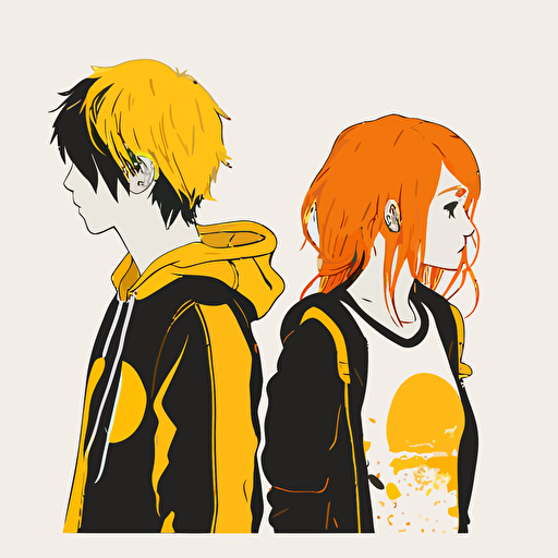 vector art, illustration of a teen couple, the girl has orange and yellow hair, minimalistic