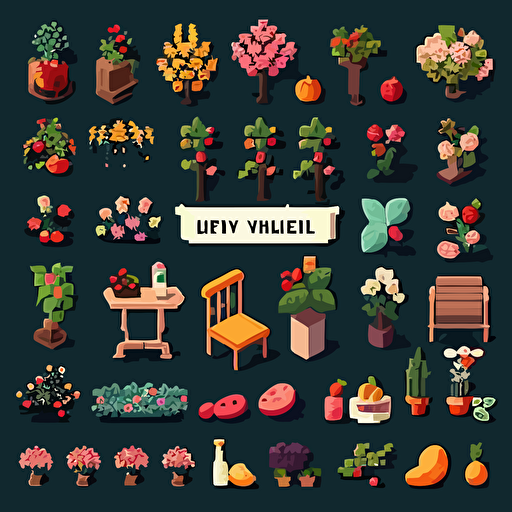 Pixel art ,Lovely flowers, fruits, chairs, trees,assets knolling items,vector