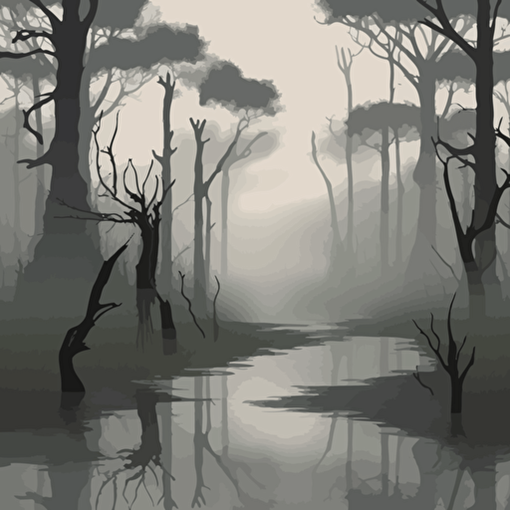 making this image 20x9 in vector art style, a Split level shot showing above and below the swamp water. The scene is murky, reflecting the gray sky above. Thick fog blankets the landscape, obscuring the trees and casting an eerie glow on the scene. The air is heavy with the scent of damp earth and decaying vegetation. Cyprus trees stand tall and gnarled, their roots dipping into the murky waters. The twisted branches are home to all flying insects, their wings a blur of movement in the mist. As you peer closer, you can see the shadowy depths of the swamp beneath the water's surface. Sluggish water creatures slink and slither through the tangled roots, unseen by those who walk above. It's a querulous landscape, full of mystery and hidden dangers. You can't help but feel a sense of unease as you make your way through the murky waters and tangled undergrowth