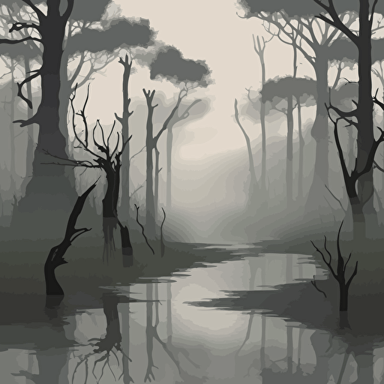 making this image 20x9 in vector art style, a Split level shot showing above and below the swamp water. The scene is murky, reflecting the gray sky above. Thick fog blankets the landscape, obscuring the trees and casting an eerie glow on the scene. The air is heavy with the scent of damp earth and decaying vegetation. Cyprus trees stand tall and gnarled, their roots dipping into the murky waters. The twisted branches are home to all flying insects, their wings a blur of movement in the mist. As you peer closer, you can see the shadowy depths of the swamp beneath the water's surface. Sluggish water creatures slink and slither through the tangled roots, unseen by those who walk above. It's a querulous landscape, full of mystery and hidden dangers. You can't help but feel a sense of unease as you make your way through the murky waters and tangled undergrowth