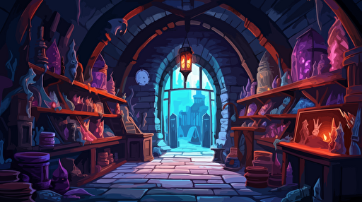 vector illustration, Inside medieval Fantasy Shop, colorfull, vibrant, 2d animation, anime, vector image